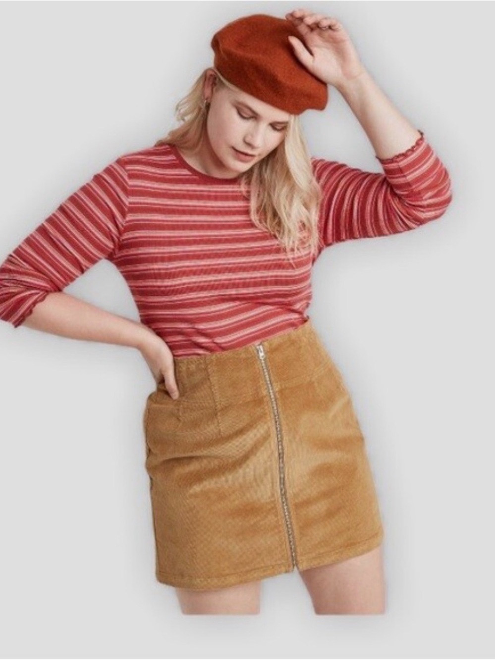 wild fable Camel Brown Corduroy Front-Zip Mini Skirt
